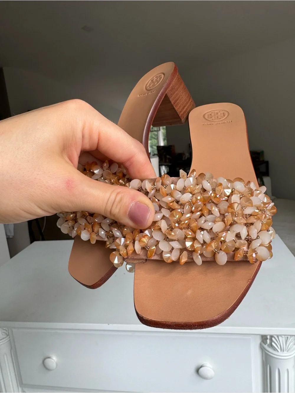 Tory Burch Embellished Beaded Heeled Sandals – Size 6.5